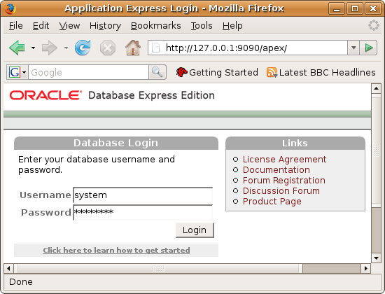 Oracle XE Database Home Page