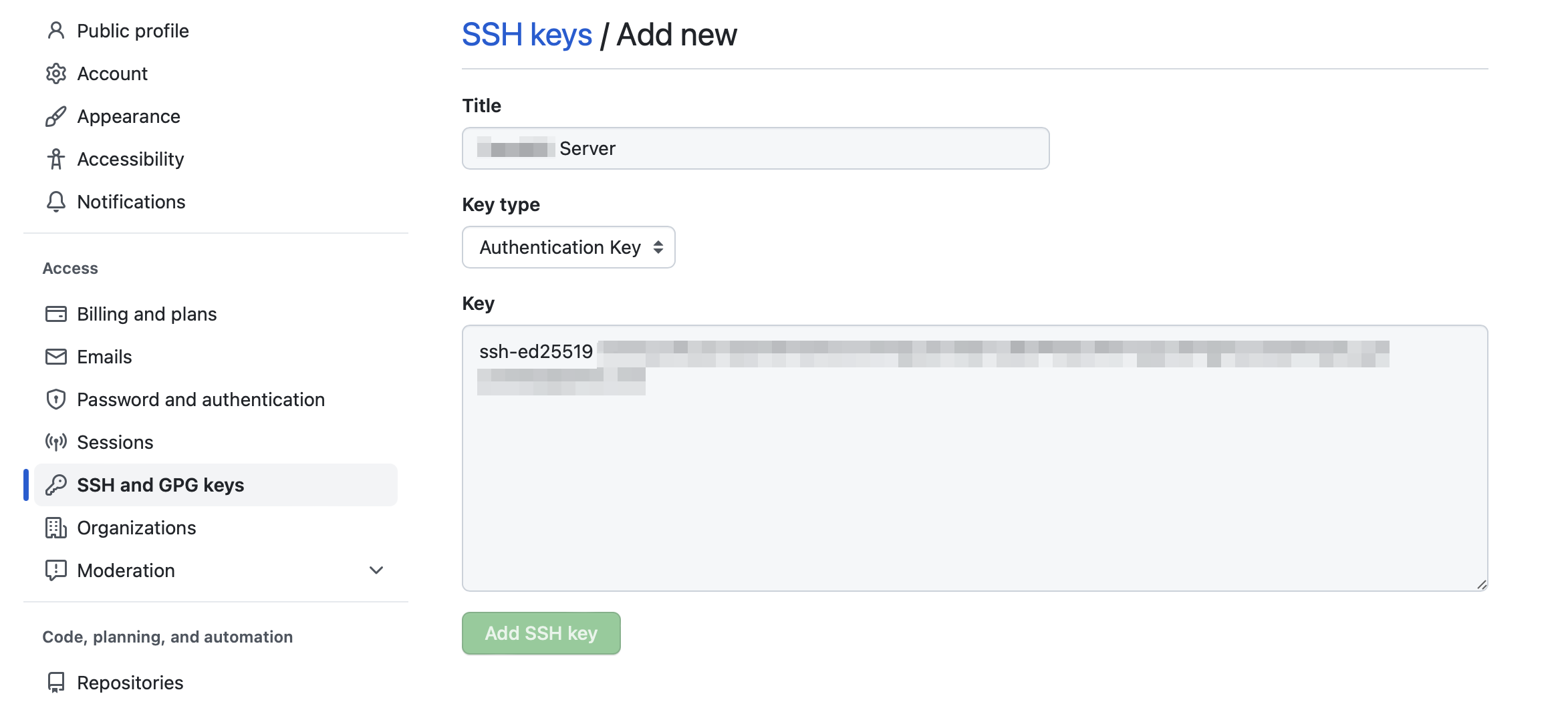 Pasting the public key contents into the key field in GitHub