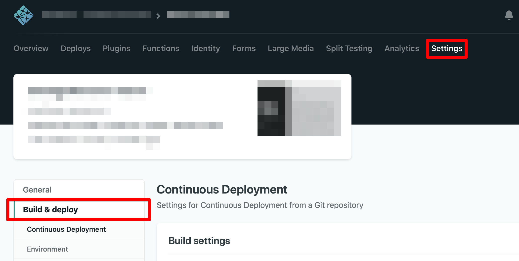 Netlify’s Build and Deploy Settings page